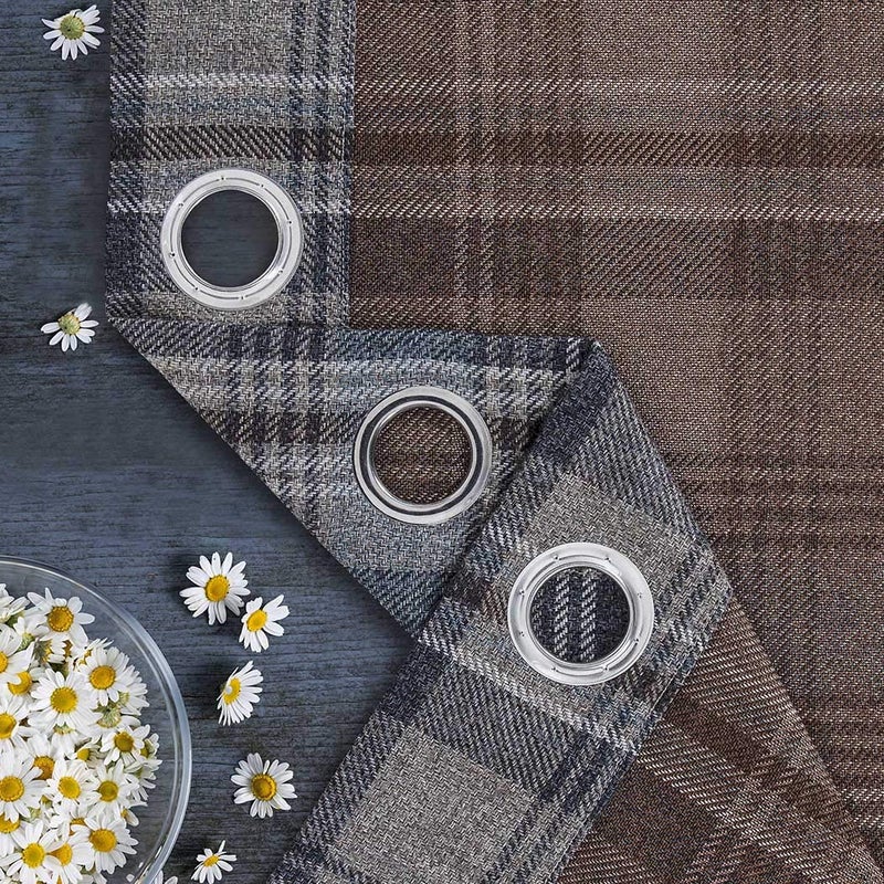 always4u Plaid Gingham Curtains for Living Room Bedroom Room Darkening Check Country Curtains 2 Panels Striped Grommet Window Treatments 54X63 Inch Blue and Brown - Image 2